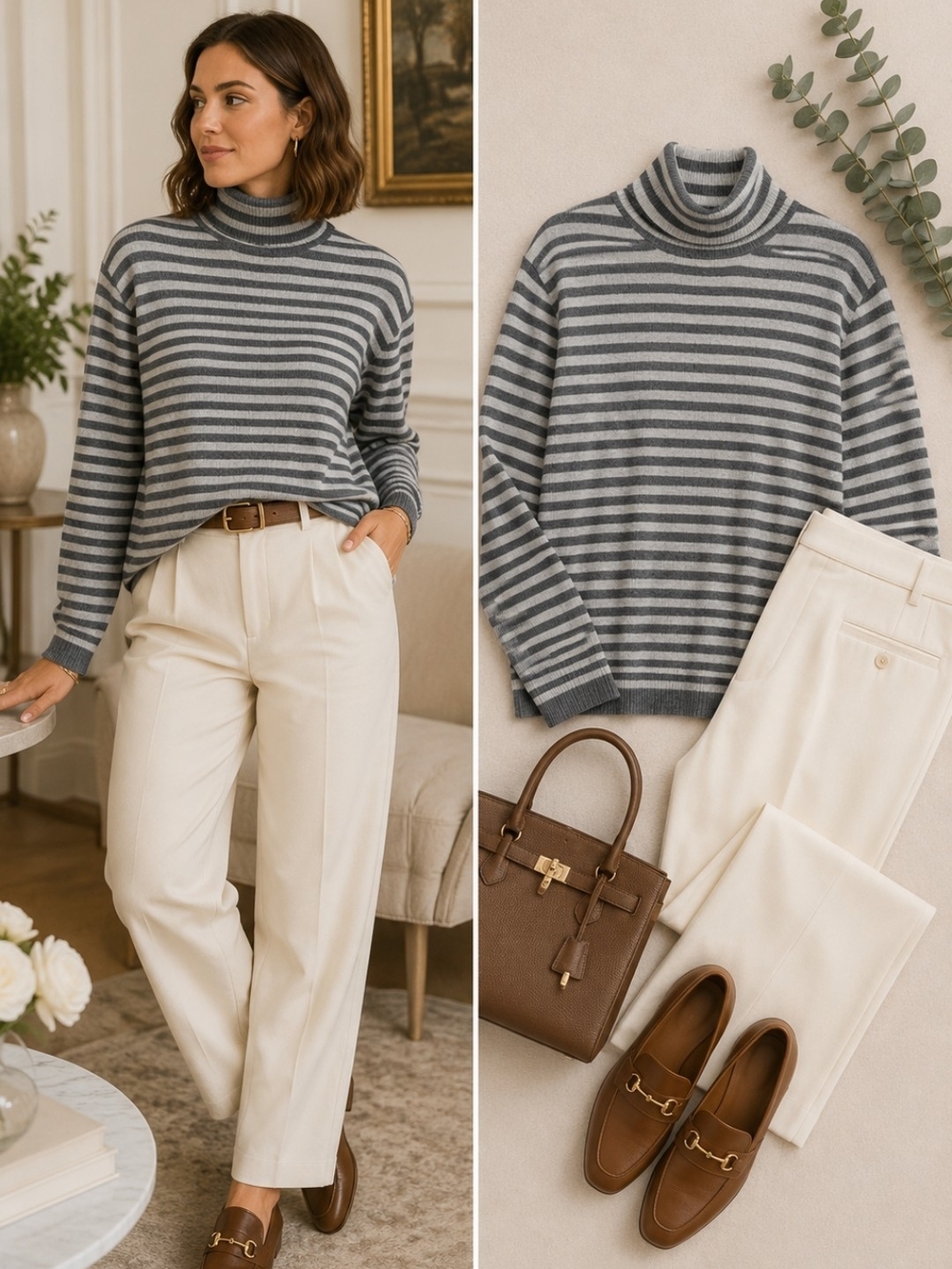 Joseph A Gray & Light Gray Striped Turtleneck Sweater XL Quiet Luxury Soft Knit